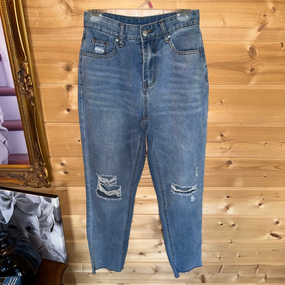 Temu High Rise Boyfriend Fit Classic Blue Distressed Women's Jeans